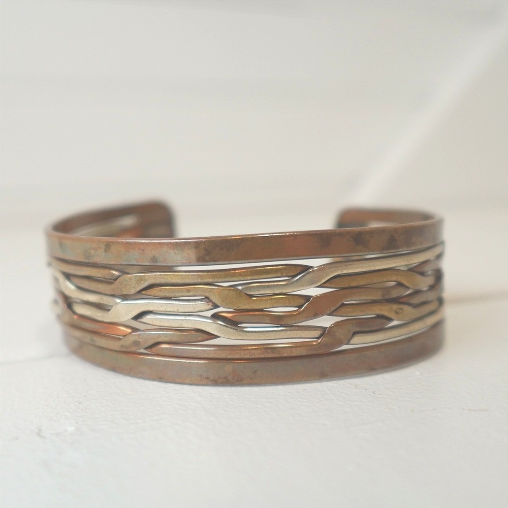 Vintage Multi-Strand Mixed-Metal Copper Cuff Bracelet Layered Wave Wire Unisex